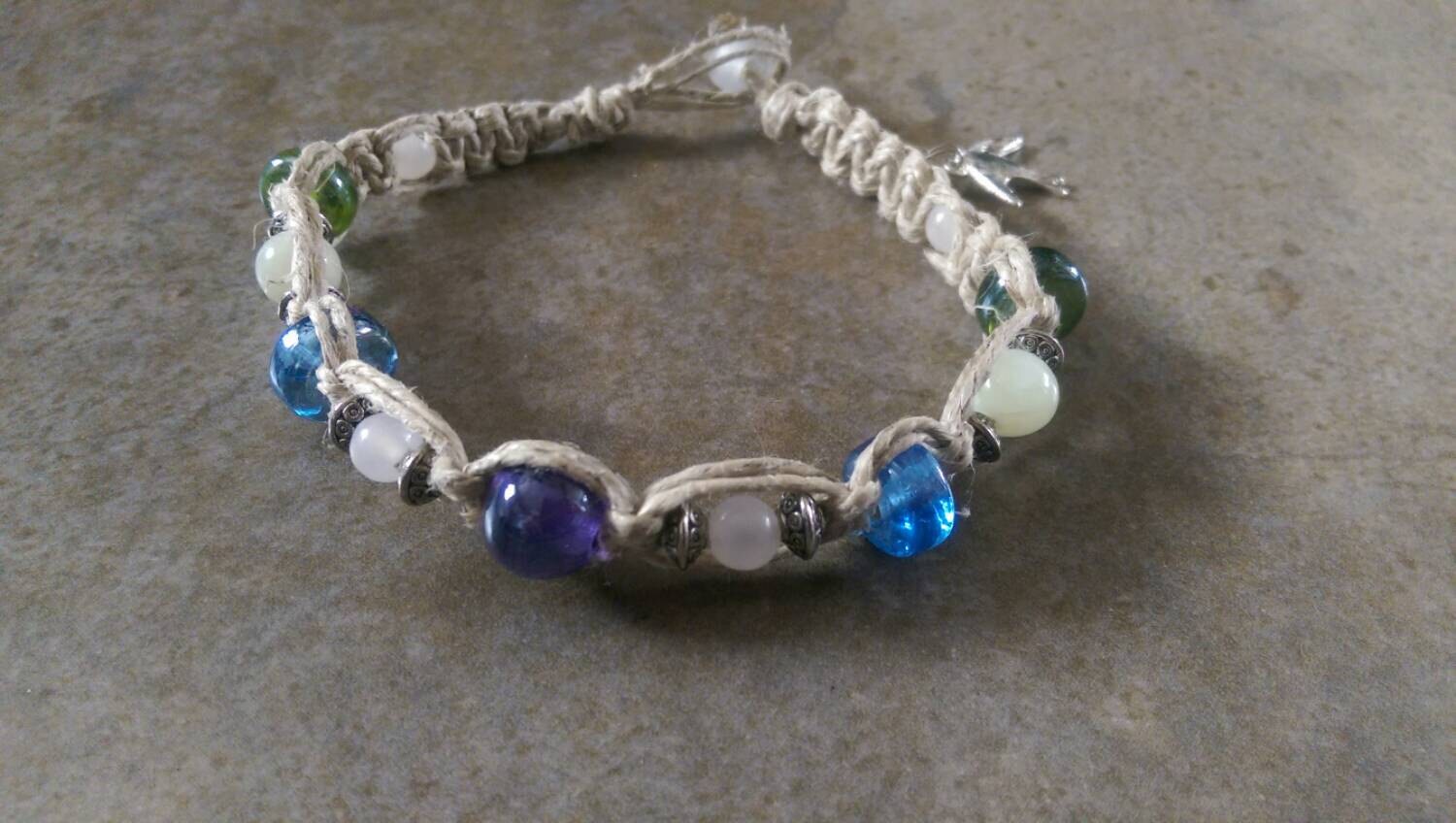 Hemp Anklet Pastel Glass Beaded Swallow by CreativeEarthJeweler