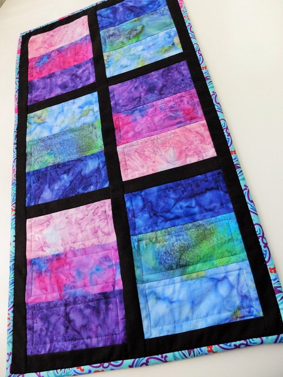 Patchwork Quilted Table Runner Purple And Blue Batiks