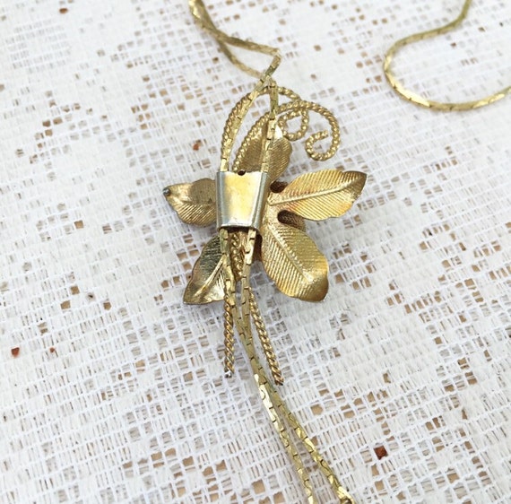 Vintage Rose Flower Mesh Necklace Lariat Slide Gold tone