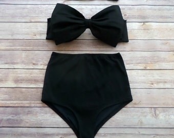 Bow Bandeau Retro Bikini - Vintage Style High Waist Pin-up Holiday Swimwear - Beautiful and Classic Black - Unique & So Cute!