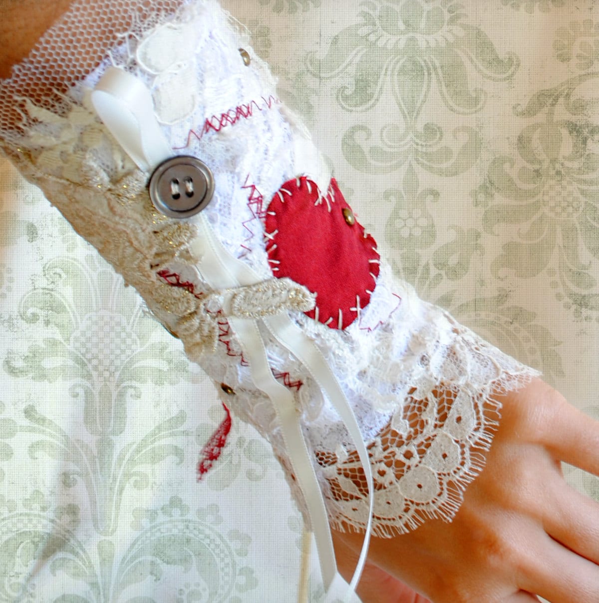 Victorian Tea-Party Lace Wrist Cuff - Torn and Tattered Red Heart