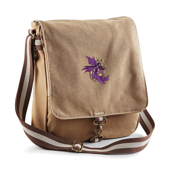 Vintage Canvas Messenger Bag with Embroidered 'Moonbeam Fairy'