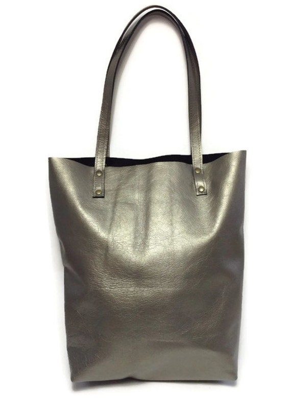Silver leather tote bag // Slouchy Simple market tote bag with