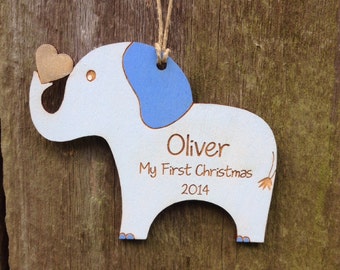 Personalized Elephant Ornament: Engraved Christmas Ornament/Birth Info Keepsake/Baby Ornament/New Mom Gift/Baby Gift for Boys/Blue