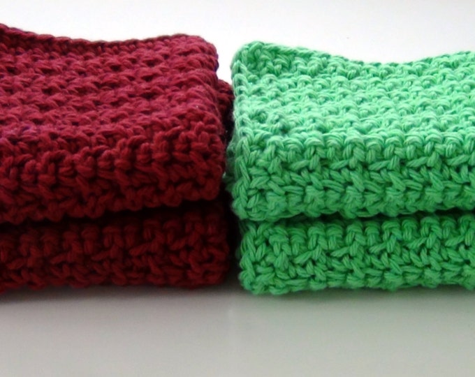 Burgundy and Green Washcloths, Crochet Dishcloths, Cotton Facecloths, Set of 4 Eco-Friendly Cleaning Cloths