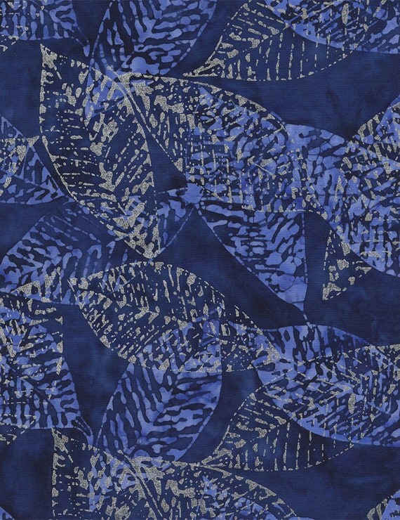 Metallic Fossil Leaves Blue Batik Fabric Bm6233 Fat By Tcsfabrics