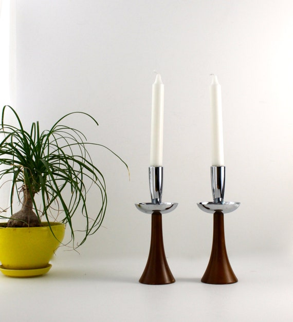 Mid Century Modern Pair Of Candle Holders Wood And Metal