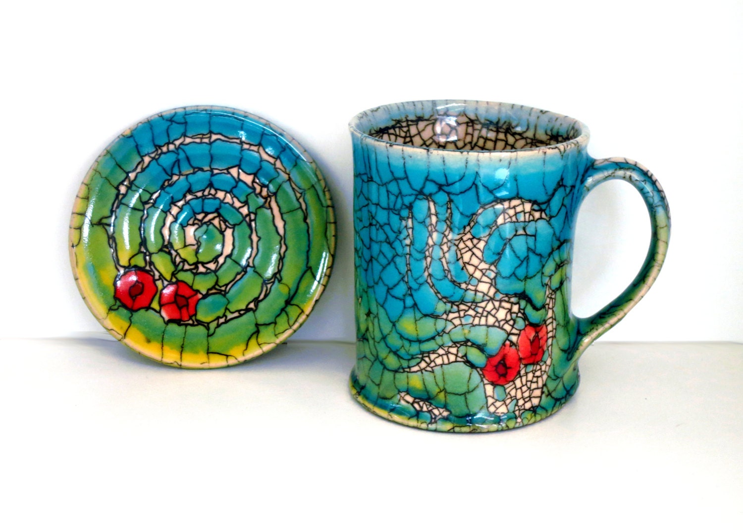 Handmade set of ceramic mug and coaster/ Rupert by Crackleglaze