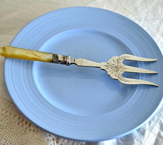 Victorian Silver Plated Bread Serving Fork with Mother of