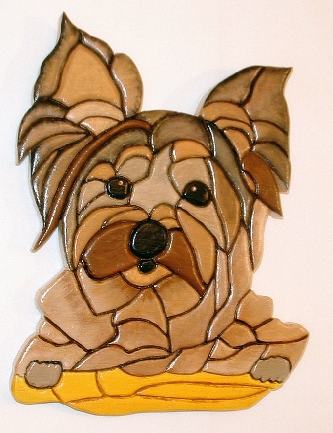 Yorkshire Terrier Intarsia Wood Sculpture Dog Wall Decor