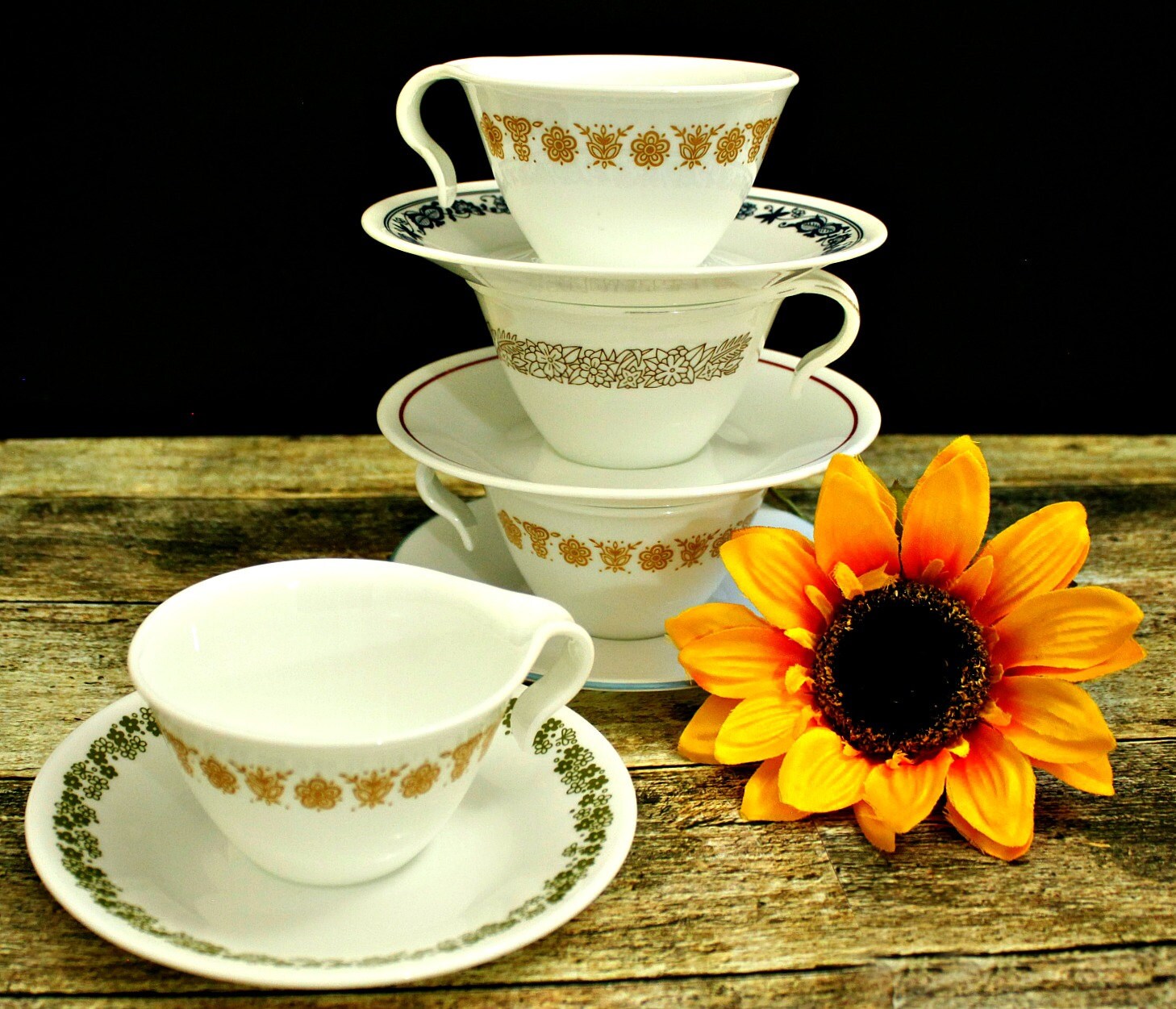 Mismatched Corelle Tea Set Retro Cups Saucers Shabby Chic