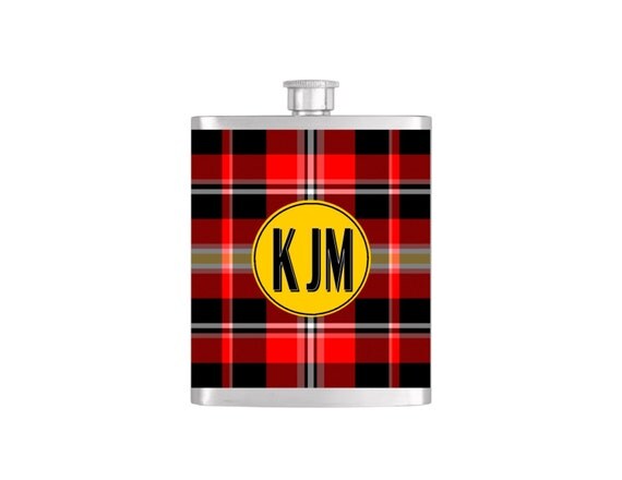 Personalized Flask Name Monogram on Red Plaid by BottomsUpFlasks