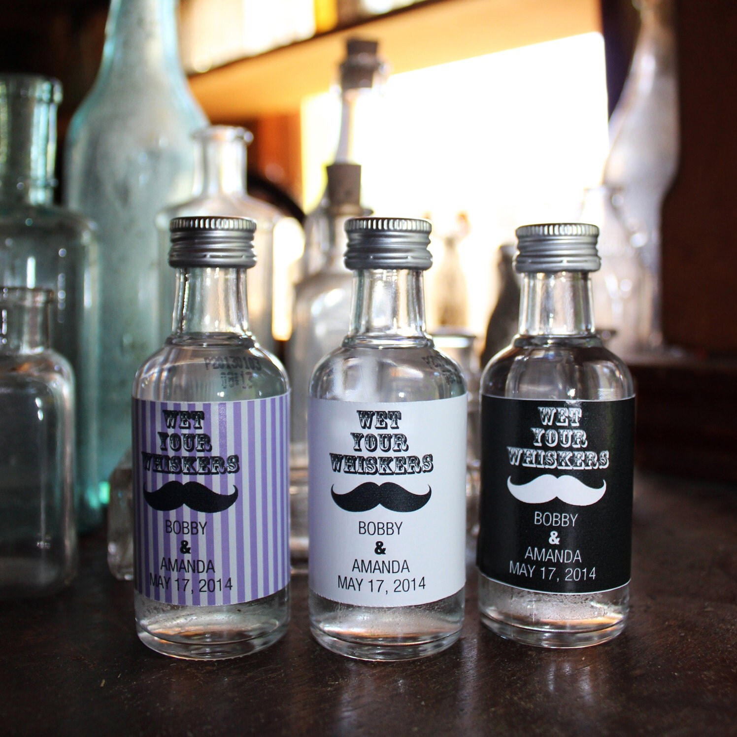 25 Vinyl Wrapped mini liquor bottle labels Wedding Favor