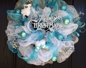 White Christmas Wreath, Christmas deco mesh wreath, deco mesh Christmas wreath, Merry Christmas wreath, blue and silver wreath