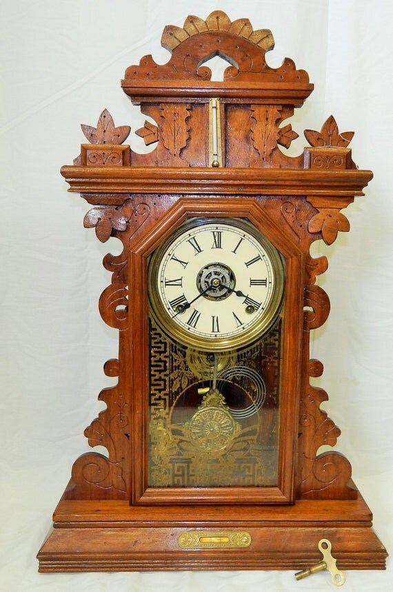 8 Ingraham Carved Oak Kitchen Clock with Built in by MyClockShop