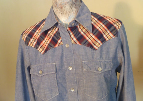 Items similar to 70's Denim and Plaid Western Shirt, Men's, Long Sleeve