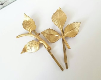 Woodland bobby pins, leaf hair pins, gold bobby pins, gold hair accessory, leaf hair clip, gold leaf hair pins, woodland wedding
