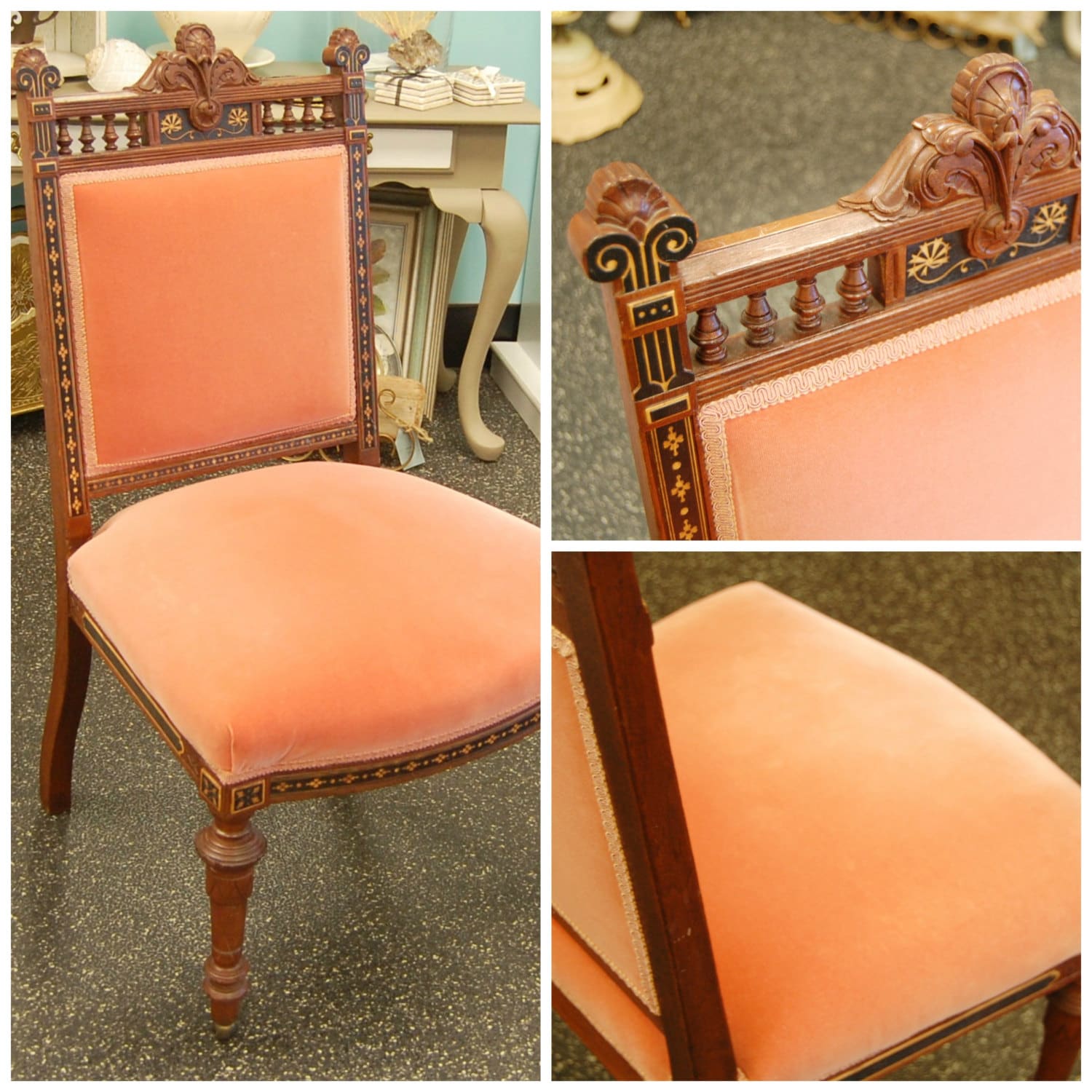 FREE SHIP Vintage Salmon Velvet Pressed Back Victorian Chair with