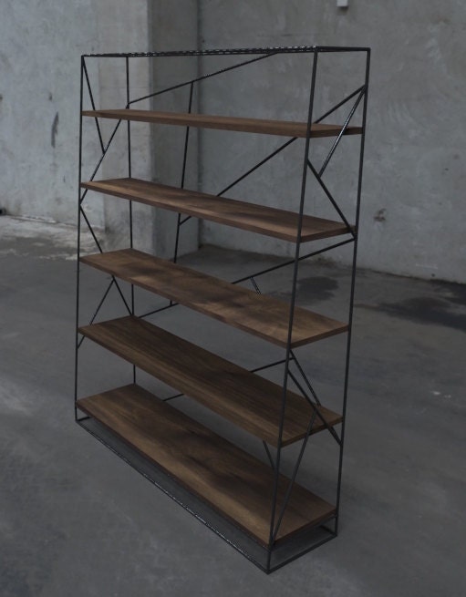 Modern Black Steel Bookcase with Solid Walnut by PWHFurniture