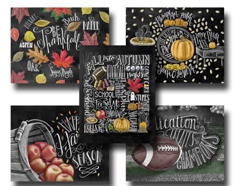 Fall Card Set, Thanksgiving Card, Harvest Card, Pumpkin, Fall Leaves, Fall Harvest Card, Chalkboard Art, Chalk Art, Blackboard Card Set