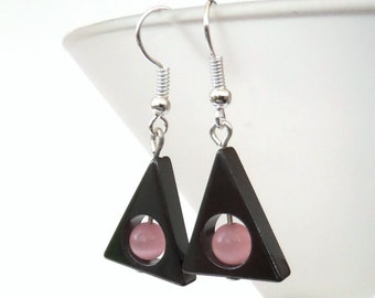 Anniversary gift, Hematite triangular gemstone earrings with pink cats eye. Handmade original jewellery, triangle earrings 21st present
