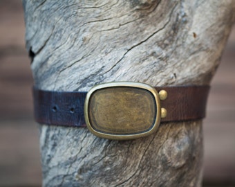 Children's Belt - Dark Brown Textured Leather Belt with Brass Oval Plate Buckle (Children's)