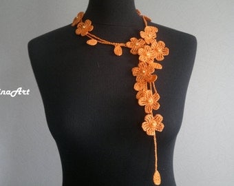 Crochet Necklace,Crochet Neck Accessory, Flower Necklace, Orange, 100% Cotton.