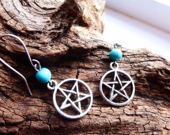 Water Element Pentacle Earrings - Turquoise Gemstone Titanium Earrings - Pentagram - Hypoallergenic - Four Elements - Elemental - Pagan