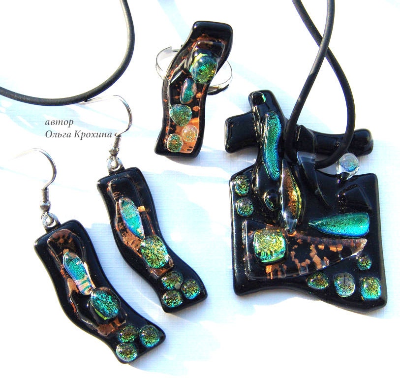 Fused glass Jewelry Set. Mystery. Redy to ship. Stunning