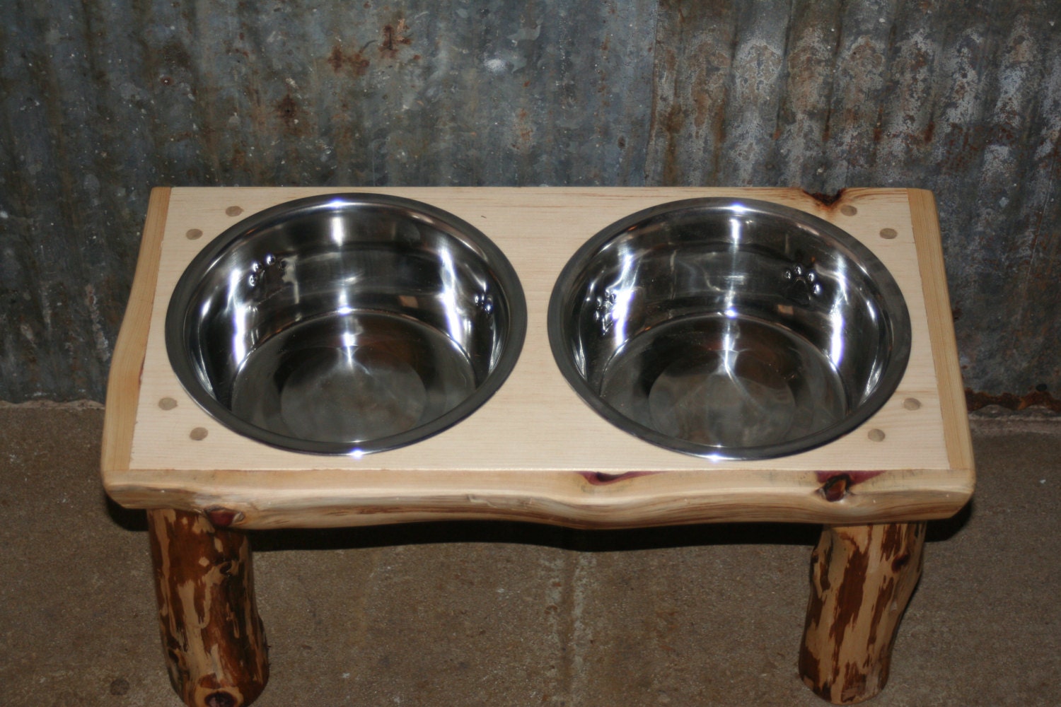 Rustic Elevated Pet Bowl Stand with 2 Two Quart Bowls