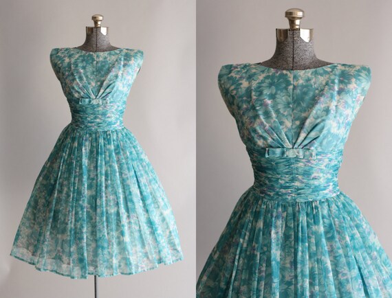 Vintage 1950s Dress / 50s Party Dress / Aqua Floral Print