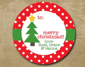 Round Christmas Gift Sticker, Personalized Holiday Labels, Christmas Tree, To From Holiday Stickers, Red Polkadots