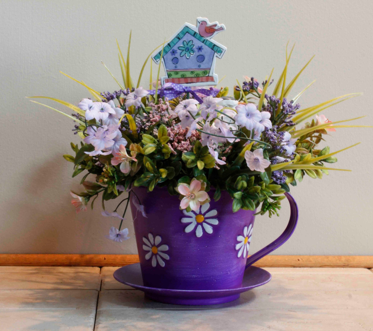 Purple Cup and Saucer with Bird Floral Arrangement Item 209
