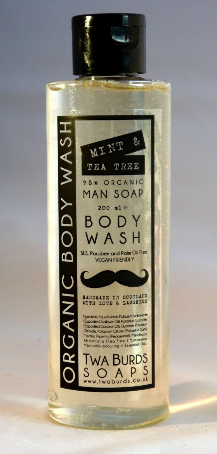 Mens Mint and Tea Tree Organic Body Wash 200ml by TwaBurdsSoaps