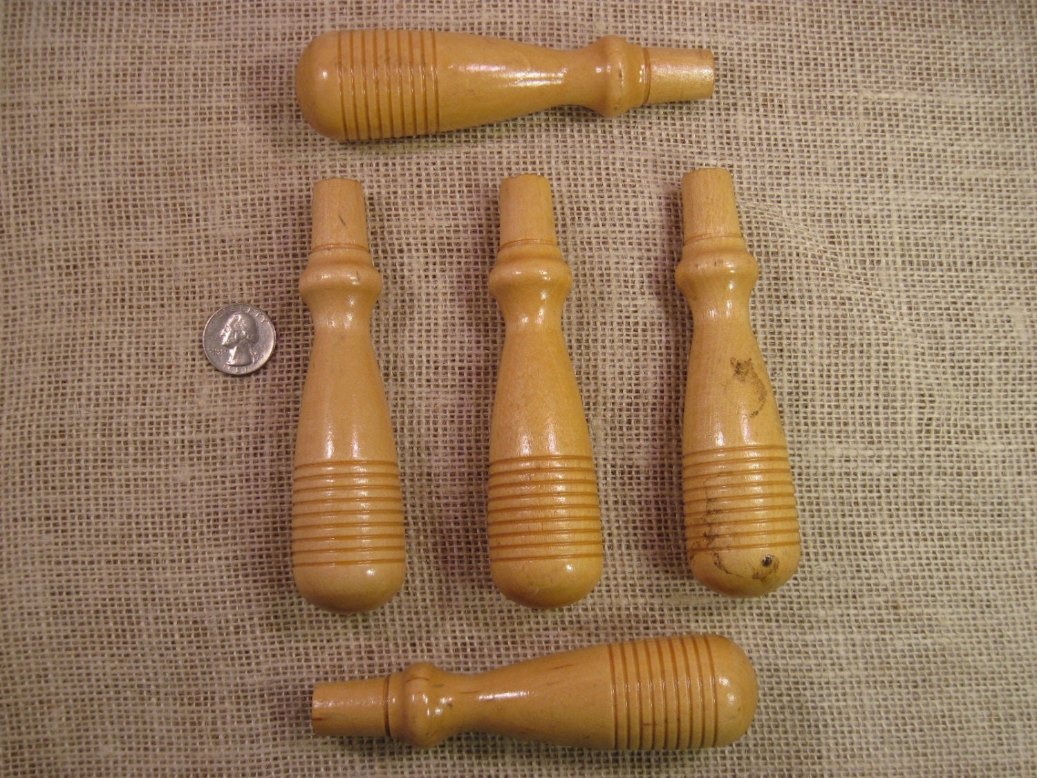 5 NOS Turned Wooden Tool Handles Ribbed Grip Handles Blonde