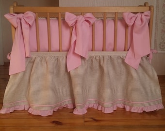 Cradle bedding /// Baby girl pink natural linen soft linen, Nursery bedding