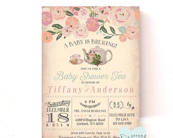 51 New baby shower after party 481 baby shower tea party invitation a baby is brewing vintage peach   