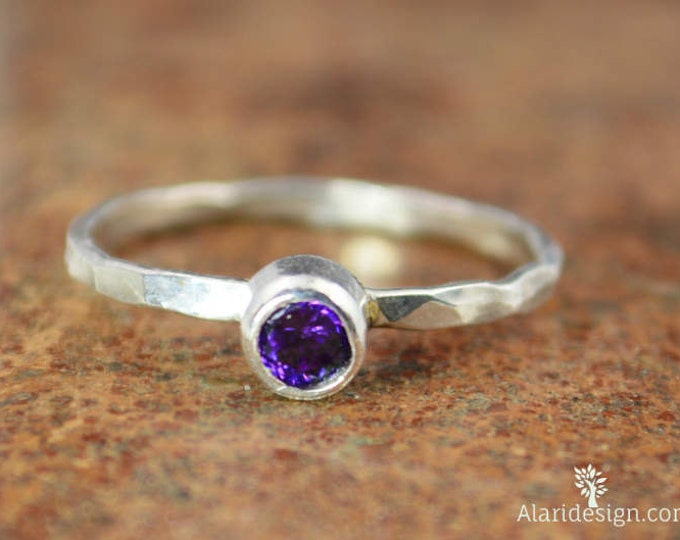Small Amethyst Ring, Mothers Ring, Hammered Silver, Stackable Rings, Mother's Ring, February Birthstone Ring, Skinny Ring, Stack Ring