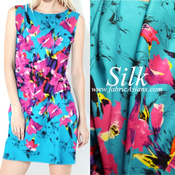 Items similar to Red Lilies Print Silk. Red floral printed turquoise