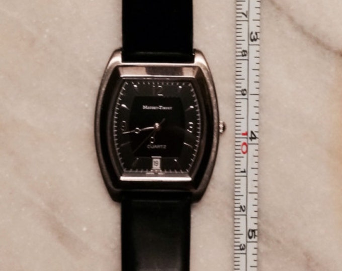 Storewide 25% Off SALE Vintage Gentleman's Silver Tone Mathy-Tissot Quartz Rectangular Crystal Watch Featuring Original Black Leather Band
