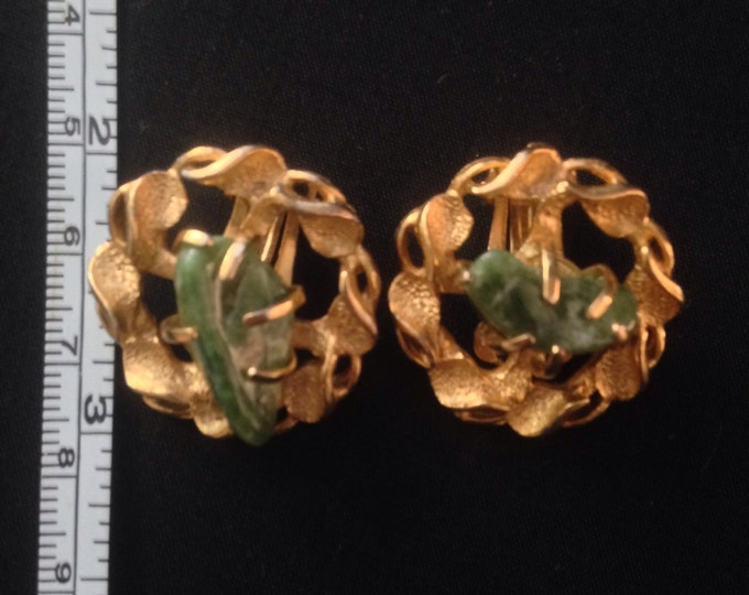 Storewide 25% Off SALE Vintage Coral Reef Inspired Gold Tone Designer Earrings Featuring Jade Turquoise Bean Stone Centers