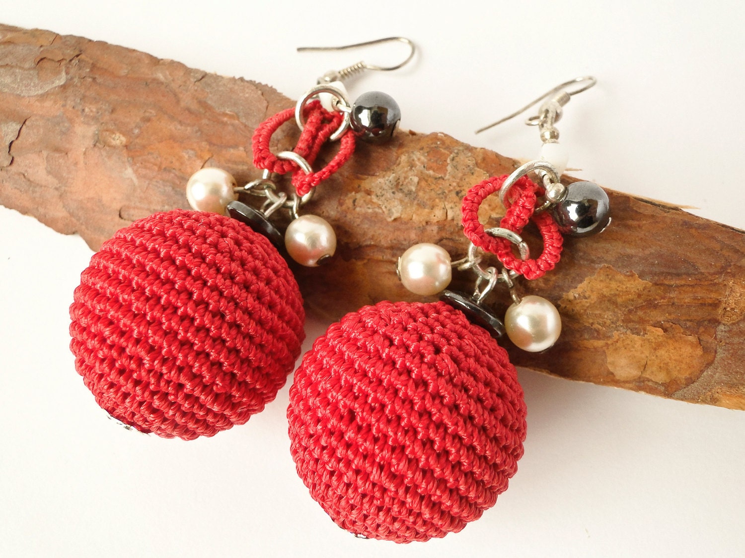 Red Crochet Earrings with Hematite Red Earrings Crochet