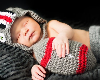 Ohio State Baby Boy Set - OSU Buckeyes baby hat, booties, diaper cover, and stuffed football set - Ohio State crochet football gift