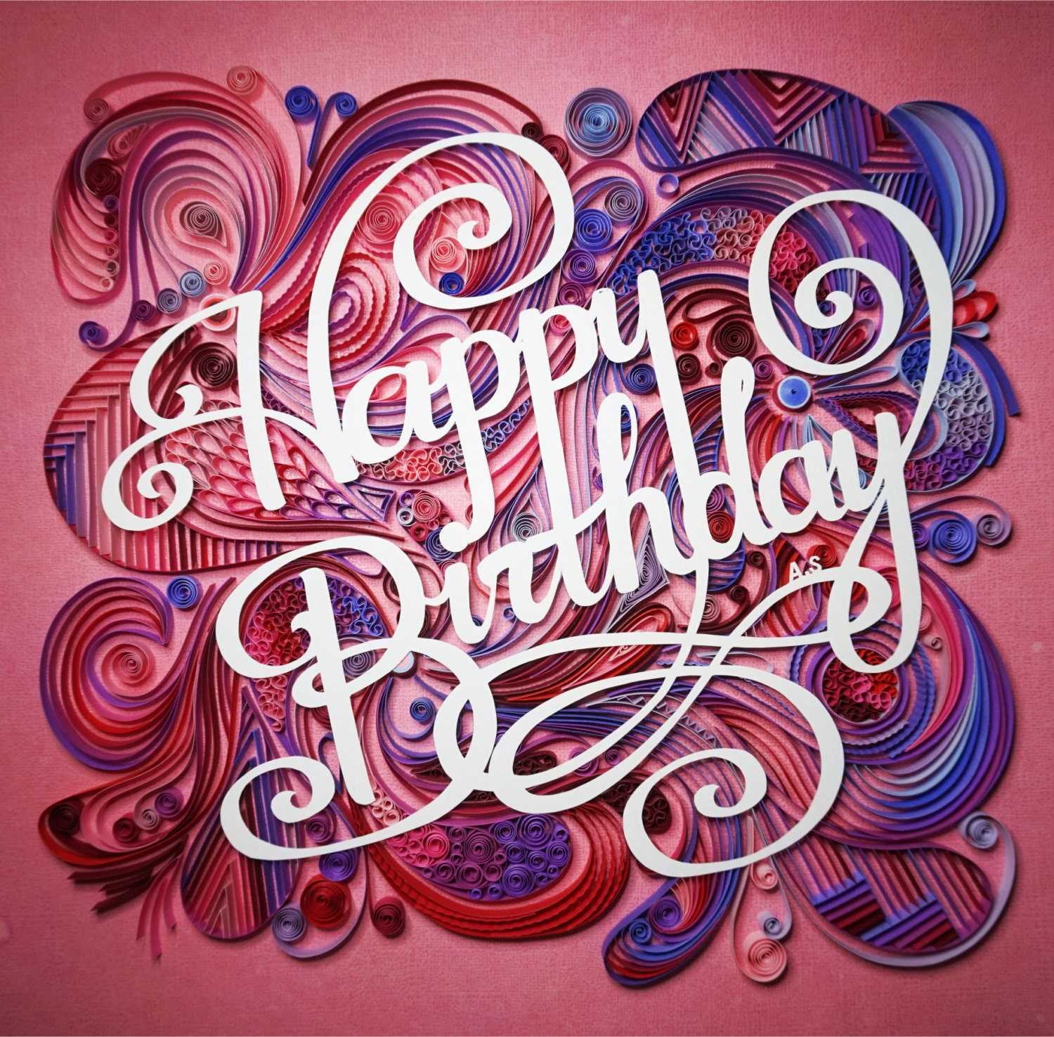 Handmade paper quilling Happy Birthday framed in shadow box