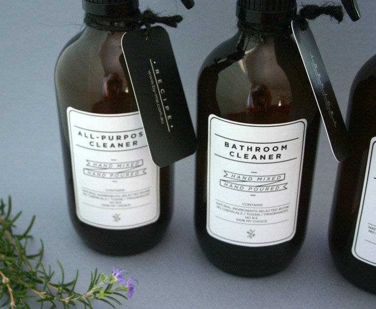 Amber glass spray bottles. DIY cleaning set with white