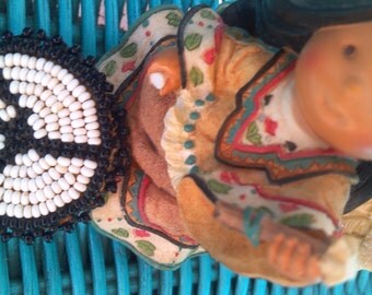 Hand Beaded Hand Sewn Glass Seed Beads Peace Sign..sewn to leather..vintage 1970s