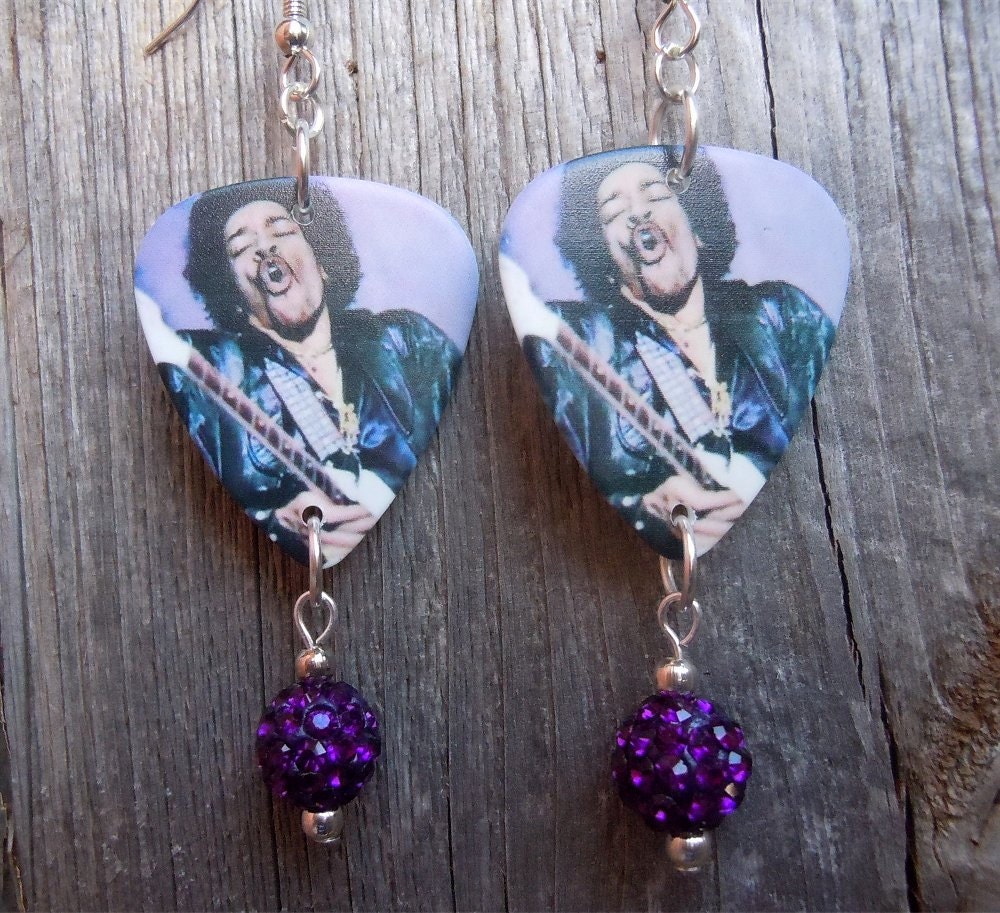 Jimi Hendrix Guitar Pick Earrings with Purple Pave Dangle