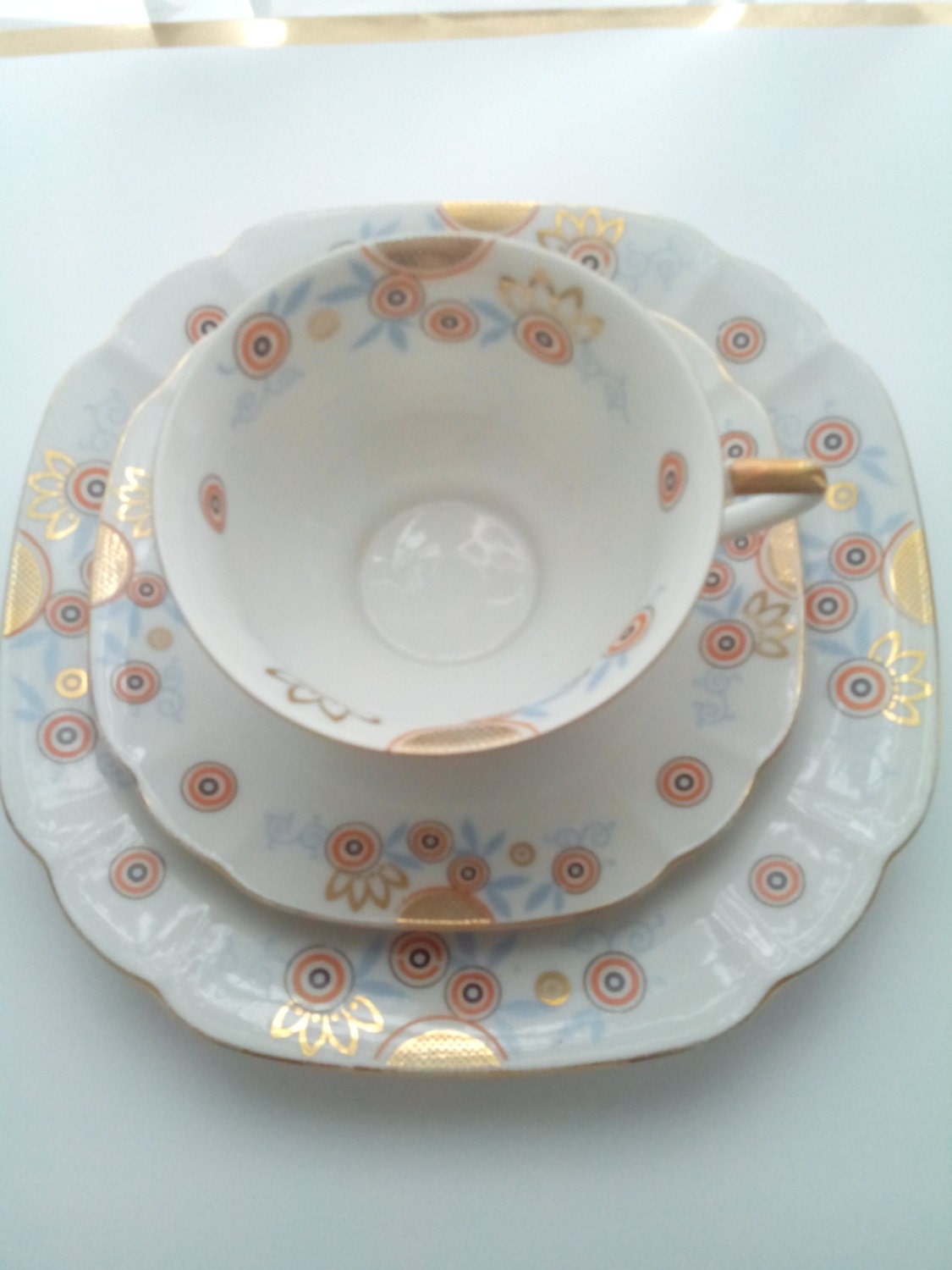 vintage German tea set trio cup saucer and cake plate flower easter