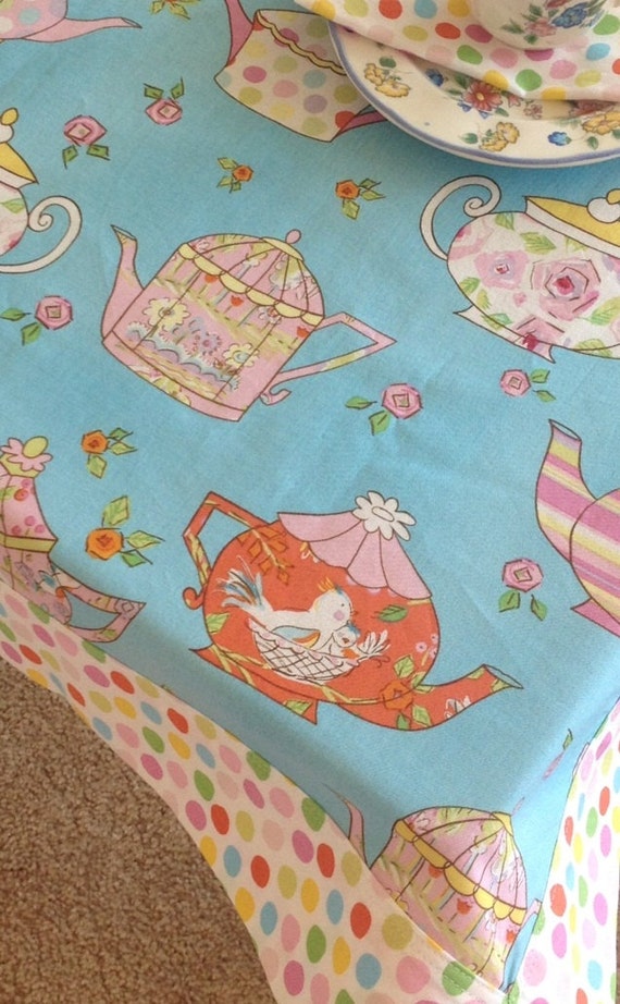 Tea Party Tablecloth and Tea Napkins Teapots & by FabricWhimsyToo