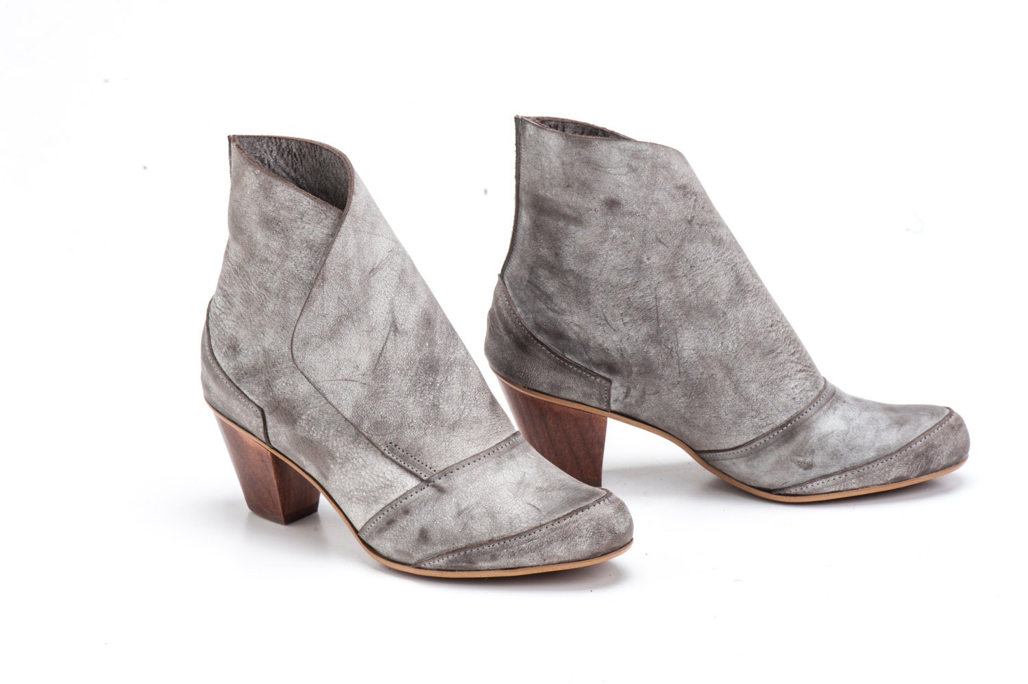 Beige Grey Leather Booties / Women Leather Shoes / Casual